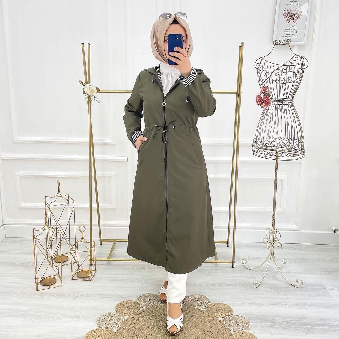 Vibeys Collection Lacivert Içi Çizgili ve Kendinden Astarlı Su Geçirmez Kadın Trençkot görsel 7