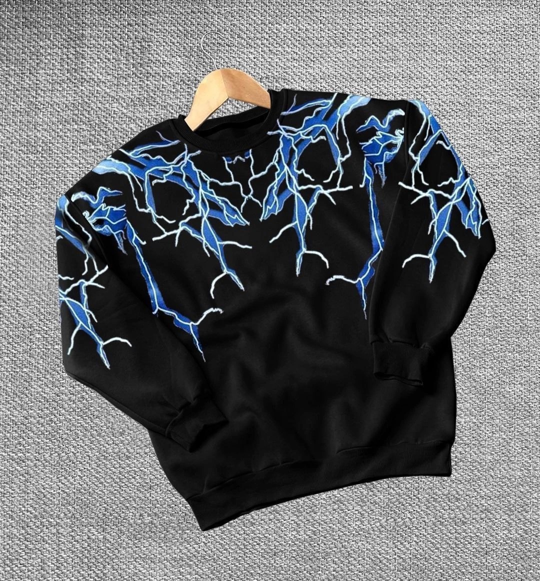 Tarz Yeri Kadın Yıldırım Baskılı Bisiklet Yaka 3 Iplik Pamuklu Sweatshirt - Siyah