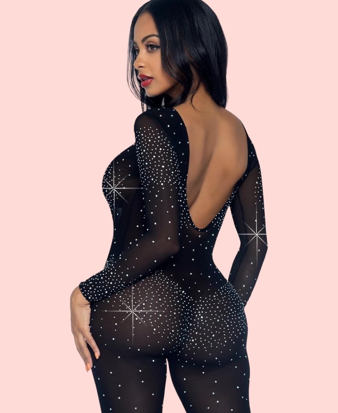 Intive Lingerie Kadın Siyah Sırt Dekolteli Ağır Kaliteli Ithal Taşlı Vücut Çorabı -15401 görsel 3