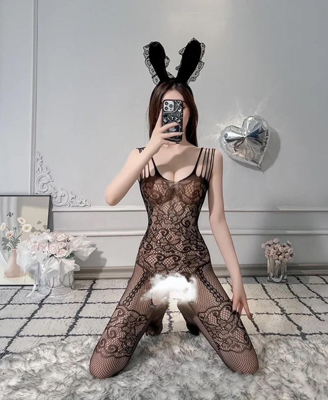Intive Lingerie Secret Love Desenli Ince Askılı Jartiyer Görünümlü Tasarım Vücut Çorabı (Siyah,beyaz,pembe,kırmızı) görsel 7
