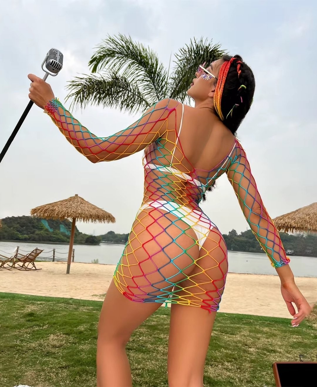 Intive Lingerie Vivaldy Ithal Gökkuşağı Renklerinde Rengarenk Geniş Fileli Uzun Kollu Madonna Yaka Elbise -4540 görsel 4