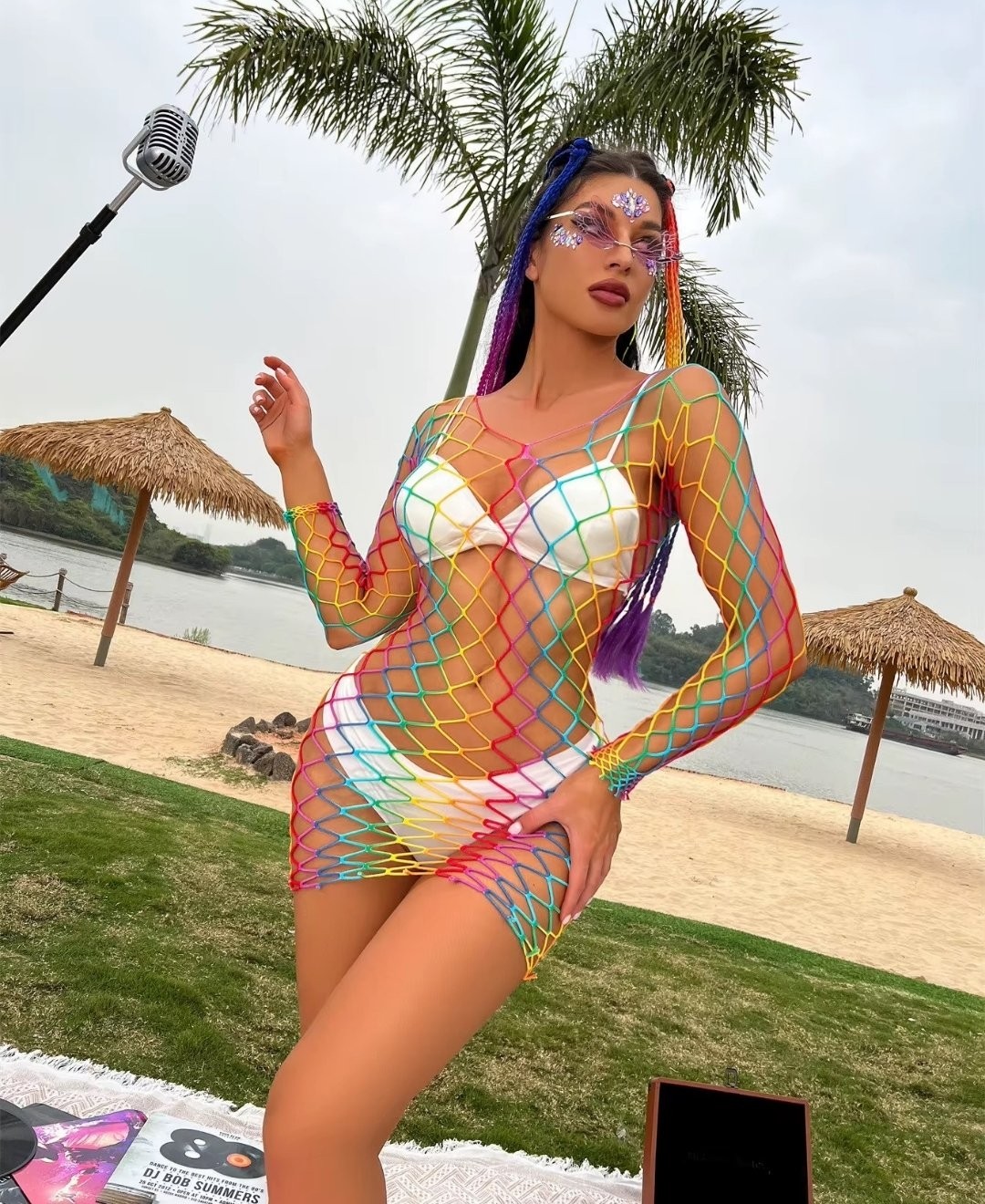 Intive Lingerie Vivaldy Ithal Gökkuşağı Renklerinde Rengarenk Geniş Fileli Uzun Kollu Madonna Yaka Elbise -4540 görsel 5