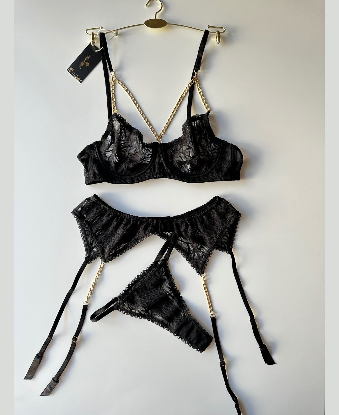 Intive Lingerie Laura Kadın Siyah Transparan Zincir Detaylı Tasarım Jartiyer Takım