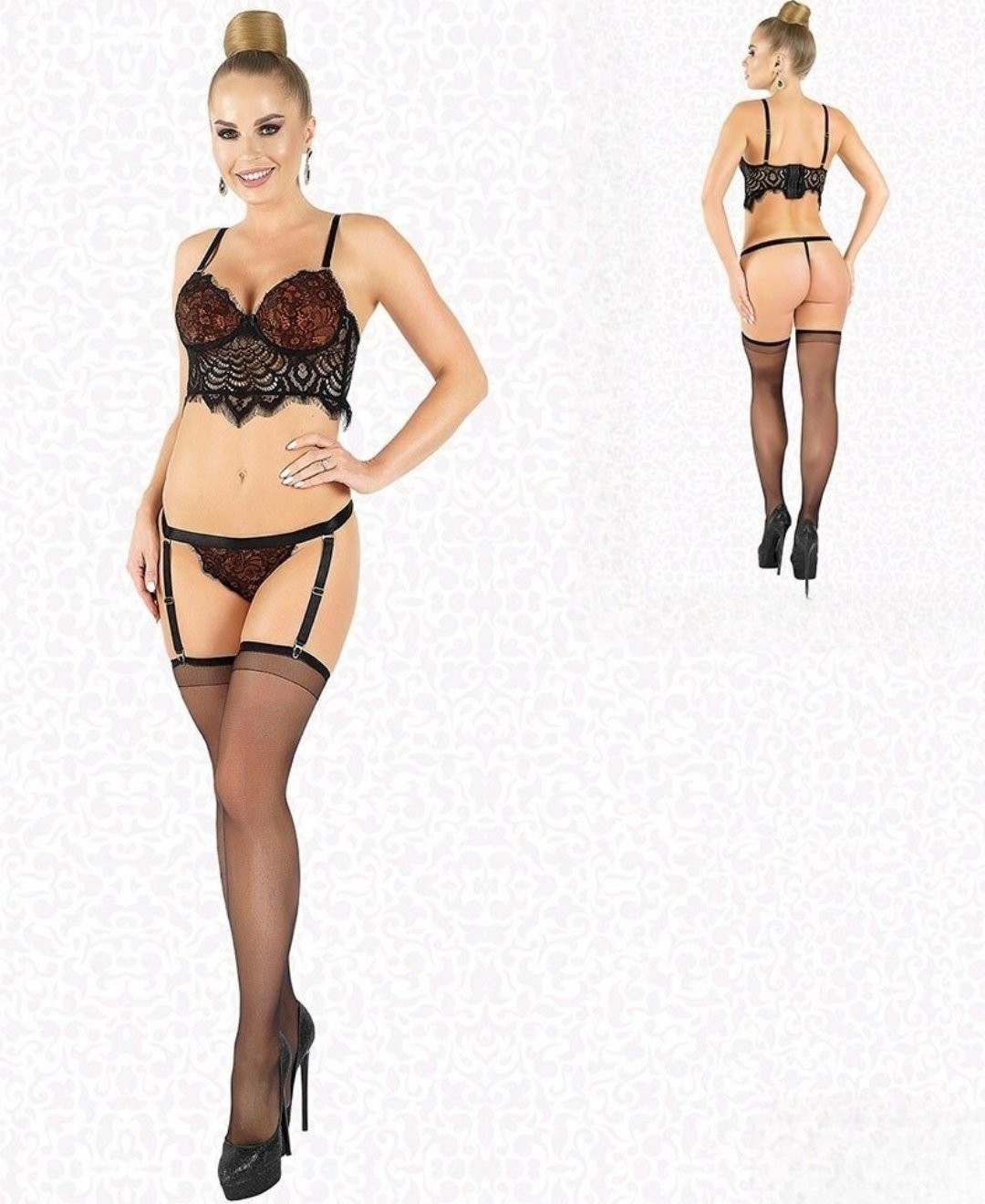 Intive Lingerie Sakallı Dantelden Balenli Sütyen Jartiyerli String Çoraplı Takım - 10100 görsel 4