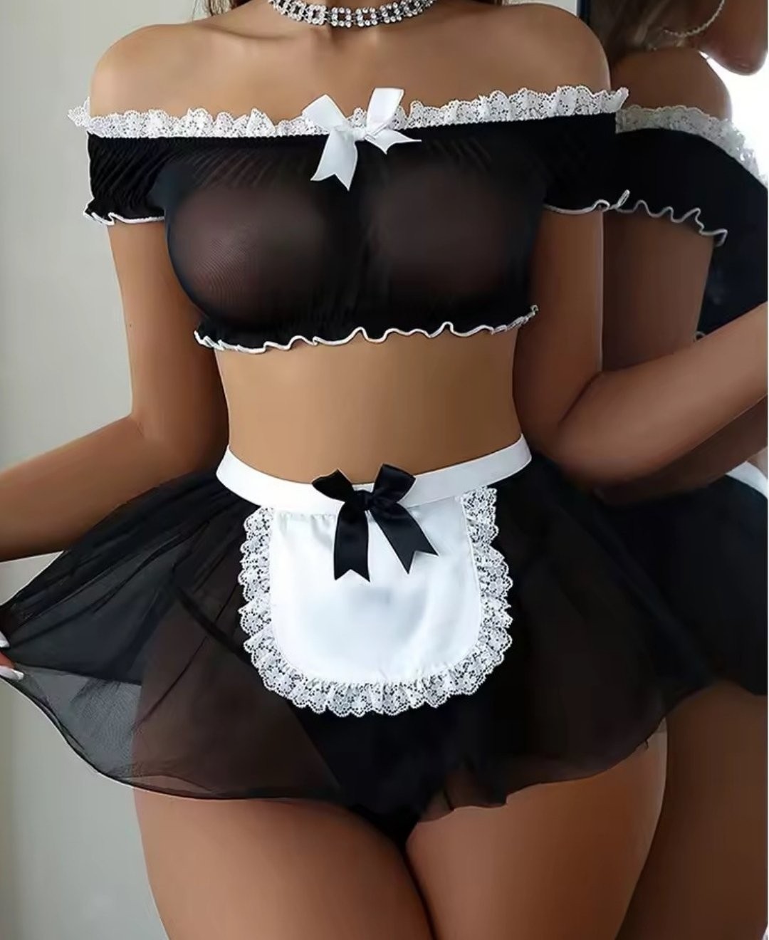 Intive Lingerie Intive Siyah Beyaz Transparan Büstiyer Etekli Fantasy Etek Tanga Takım görsel 3