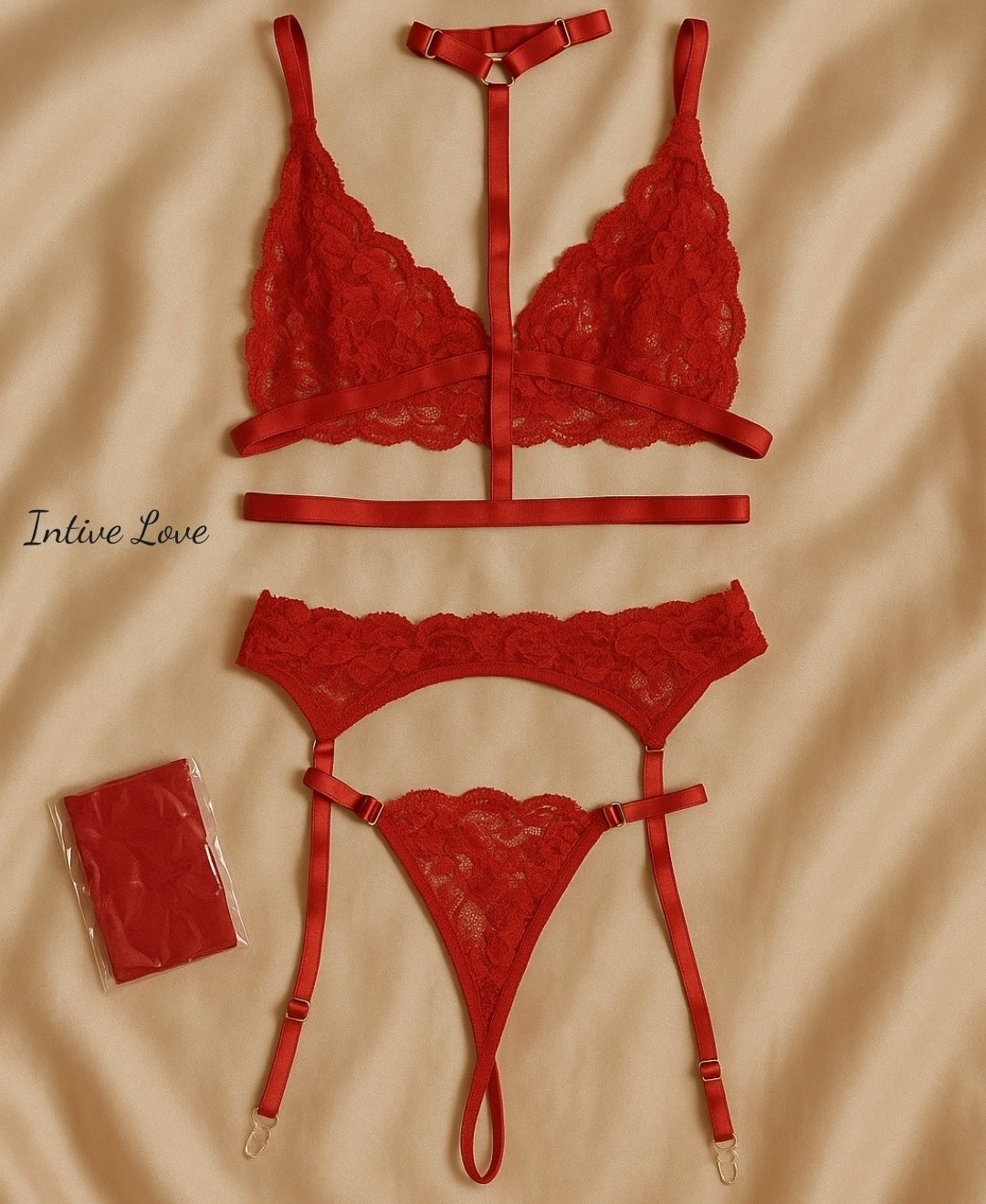 Intive Lingerie Kırmızı Yumuşak Dantelli Ayarlanabilir Detaylı Boyun Aksesuarlı Jartiyer Takım görsel 3