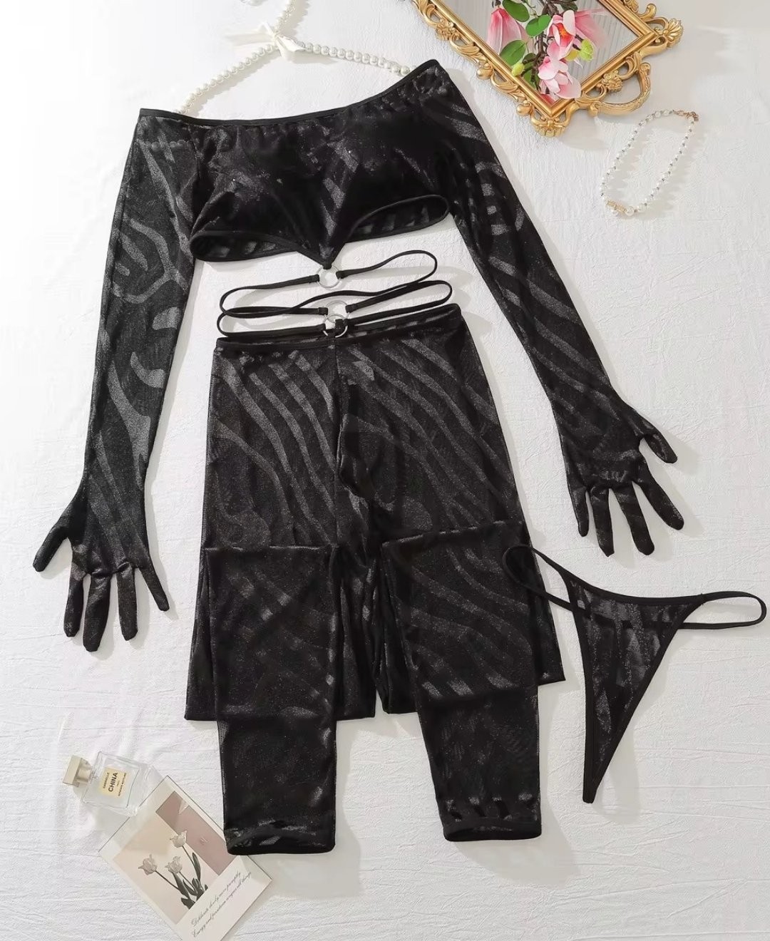 Intive Lingerie Intive Premium Zebra Desen Beli ve Pantolon Bağlama Detaylı Düşük Bel Pantolonlu Takım/vücut Çorabı görsel 5