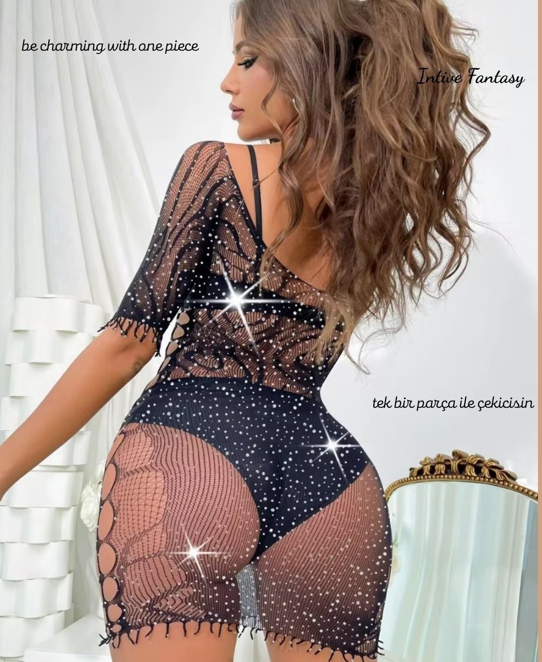 Intive Lingerie Intive Premium Limited Püskül Detaylı Dekolteli Transparan Mini Vücut Çorabı/elbise görsel 3