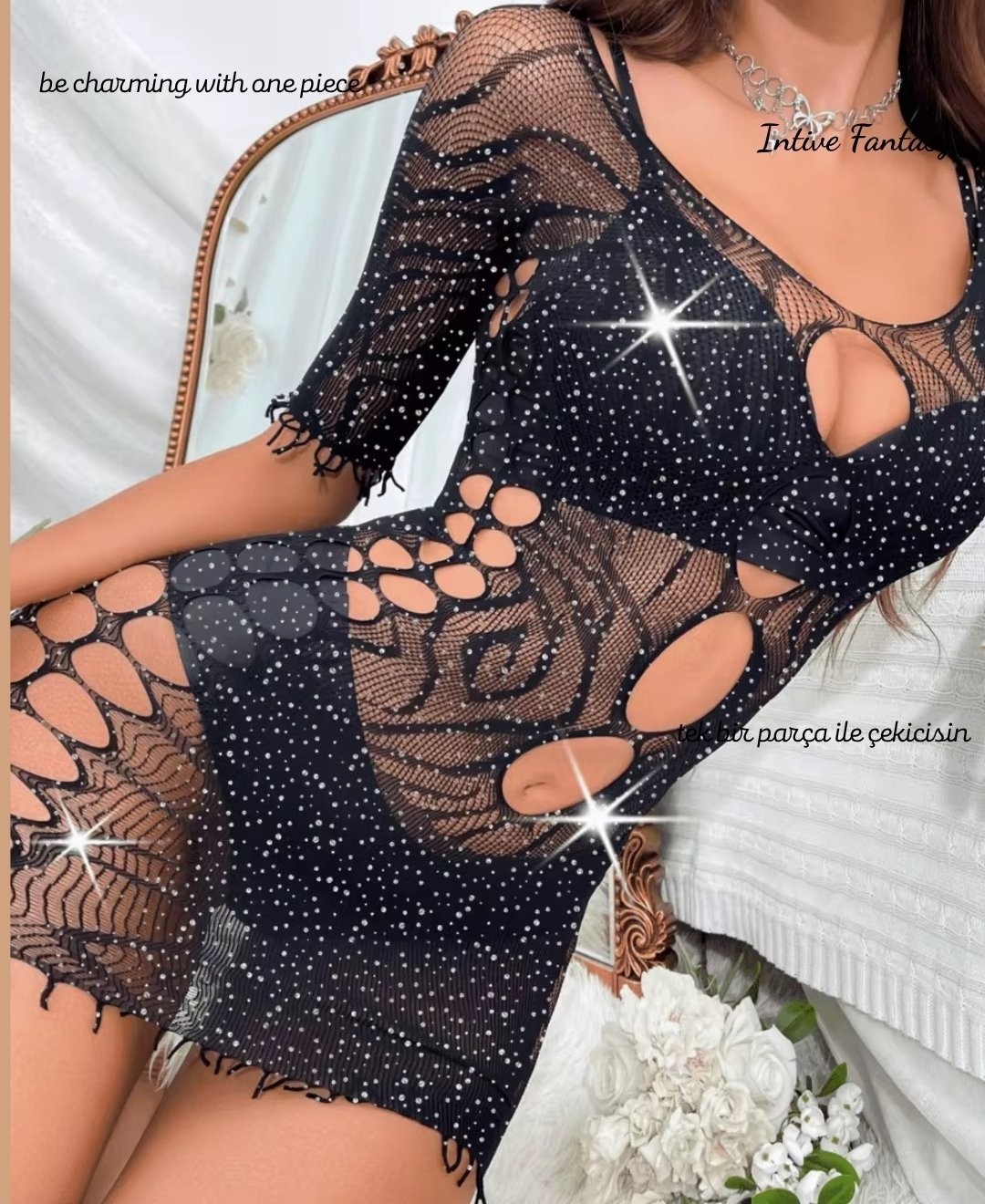 Intive Lingerie Intive Premium Limited Püskül Detaylı Dekolteli Transparan Mini Vücut Çorabı/elbise görsel 4