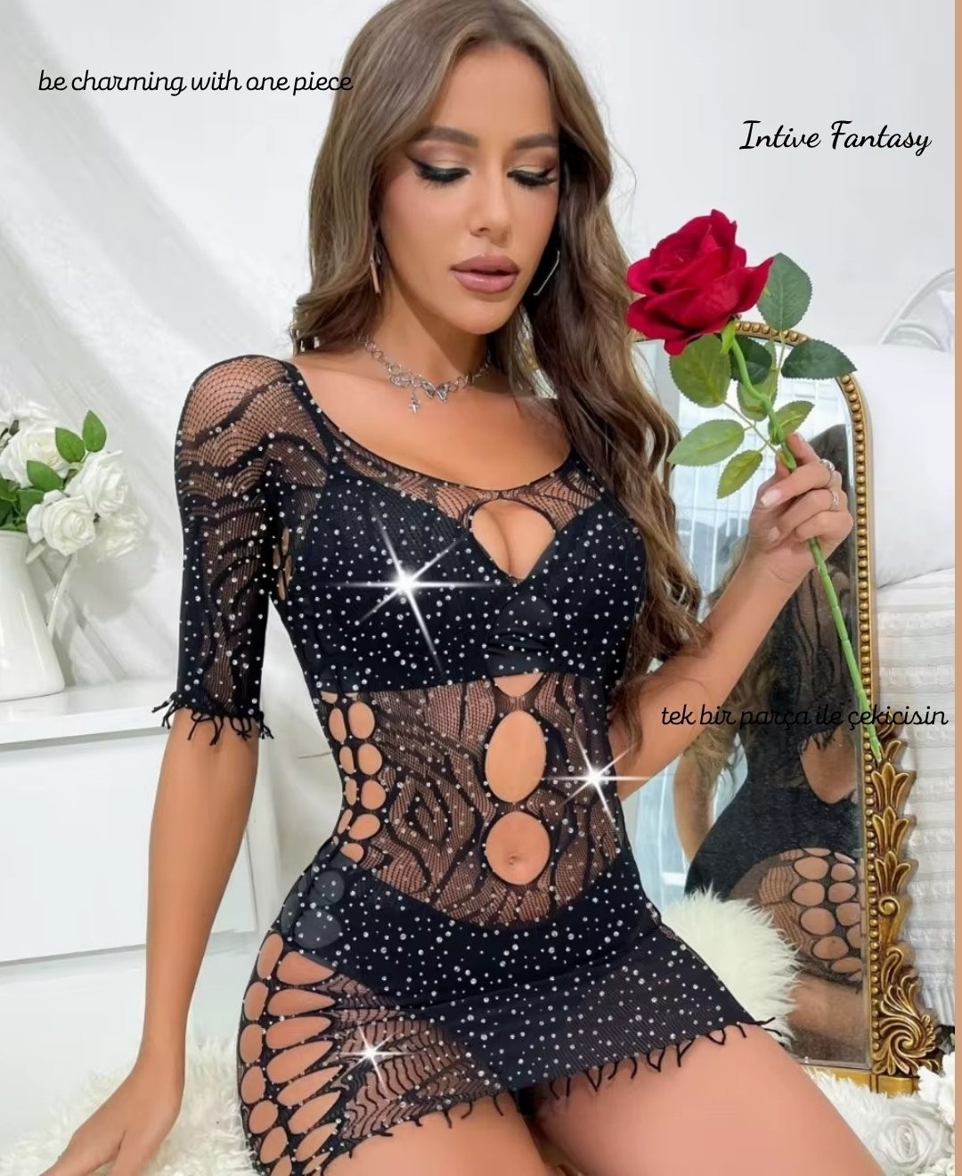 Intive Lingerie Intive Premium Limited Püskül Detaylı Dekolteli Transparan Mini Vücut Çorabı/elbise görsel 5