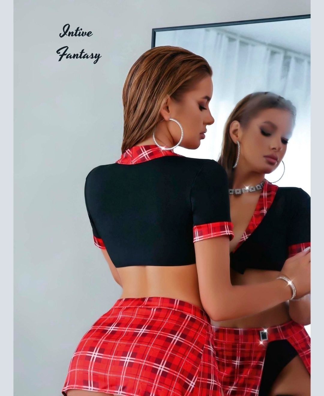 Intive Lingerie Intive Fantasy Siyah-Kırmızı Ekose Desen Büstiyer Etek Takım/liseli Kostüm görsel 4