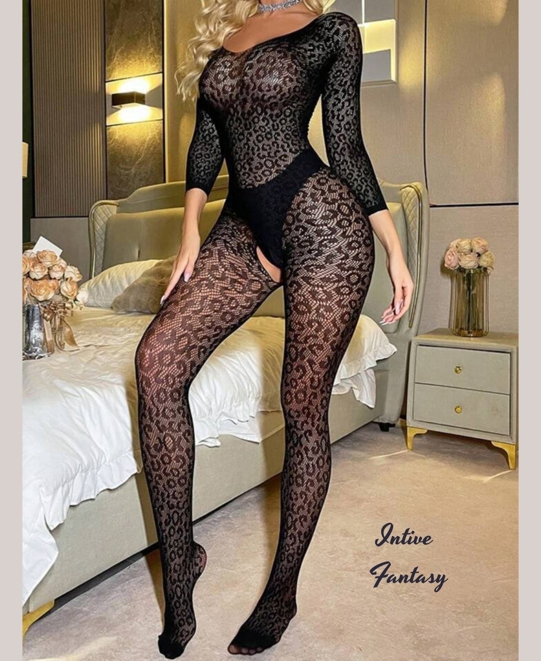 Intive Lingerie Catty Woman Leopar Desenli Ağı Açık Sırt Dekolteli Uzun Kol Vücut Çorabı-Limited görsel 4
