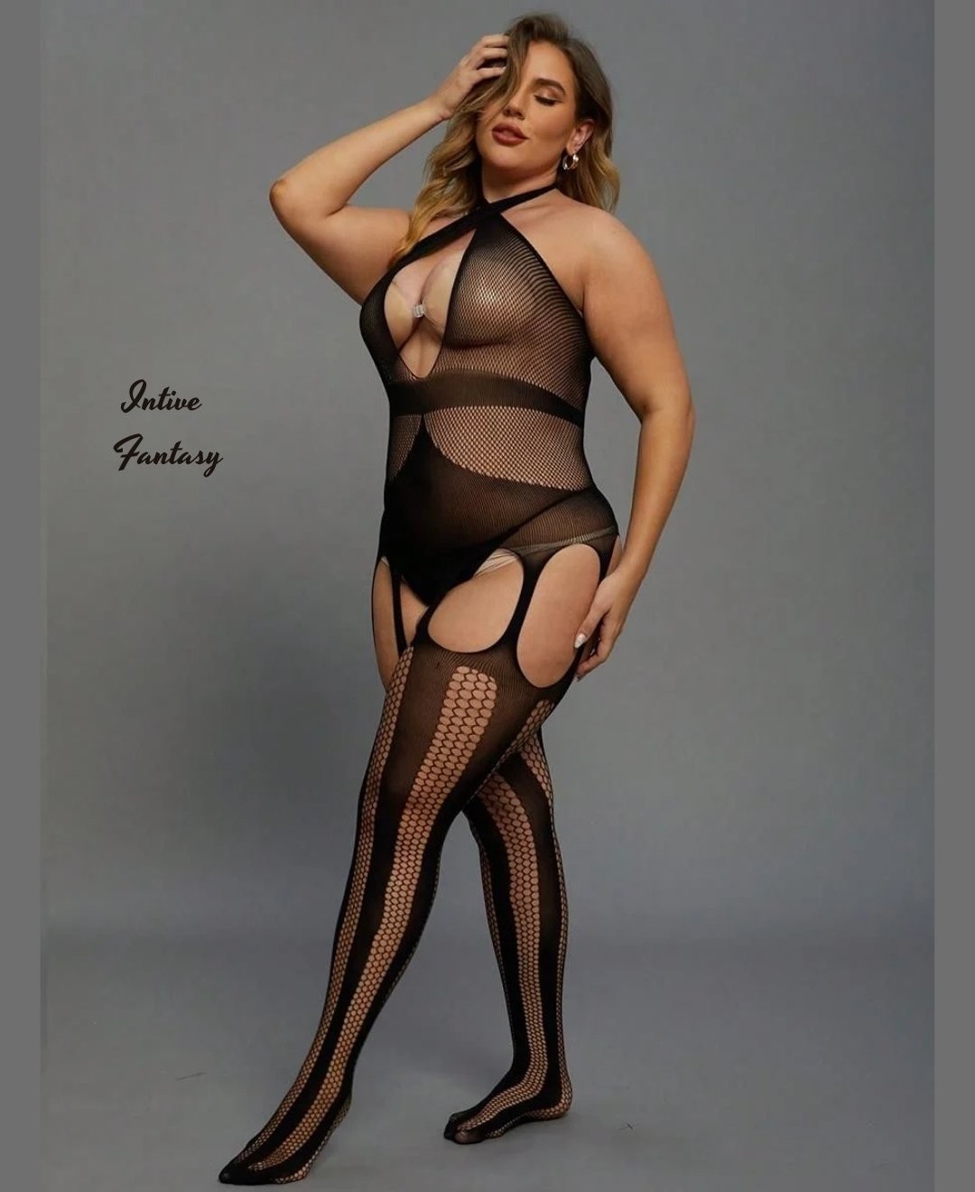 Intive Lingerie Intive Battal Beden Çapraz Askılı Ağı Açık Jartiyerli Vücut Çorabı (2xl/3xl) görsel 3