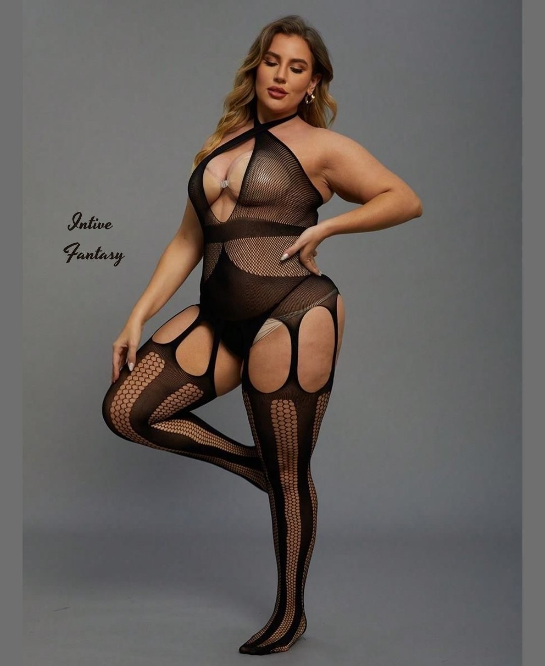 Intive Lingerie Intive Battal Beden Çapraz Askılı Ağı Açık Jartiyerli Vücut Çorabı (2xl/3xl) görsel 4