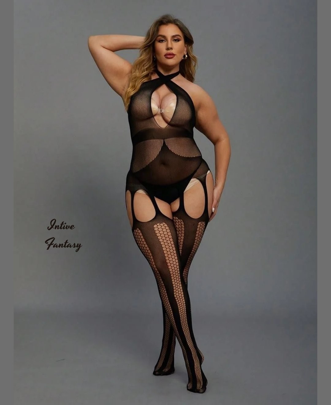 Intive Lingerie Intive Battal Beden Çapraz Askılı Ağı Açık Jartiyerli Vücut Çorabı (2xl/3xl) görsel 5