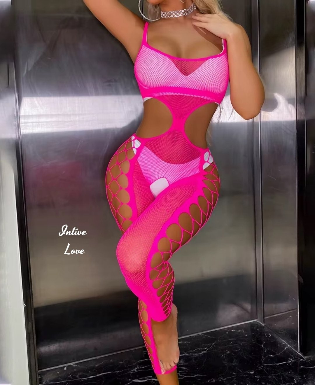 Intive Lingerie Intive Fantasy Fuşya Ağı Açık Askılı Bel Dekolteli Tasarım File Vücut Çorabı görsel 5