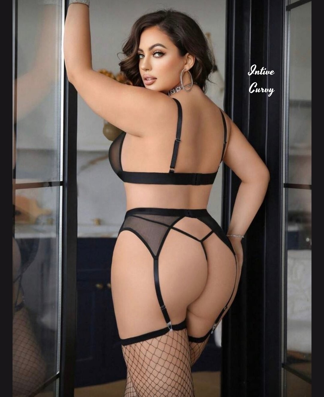 Intive Lingerie Intive Curvy Siyah Derin V Yakalı Transparan Dantelli Büyük Beden Jartiyer Takım görsel 5
