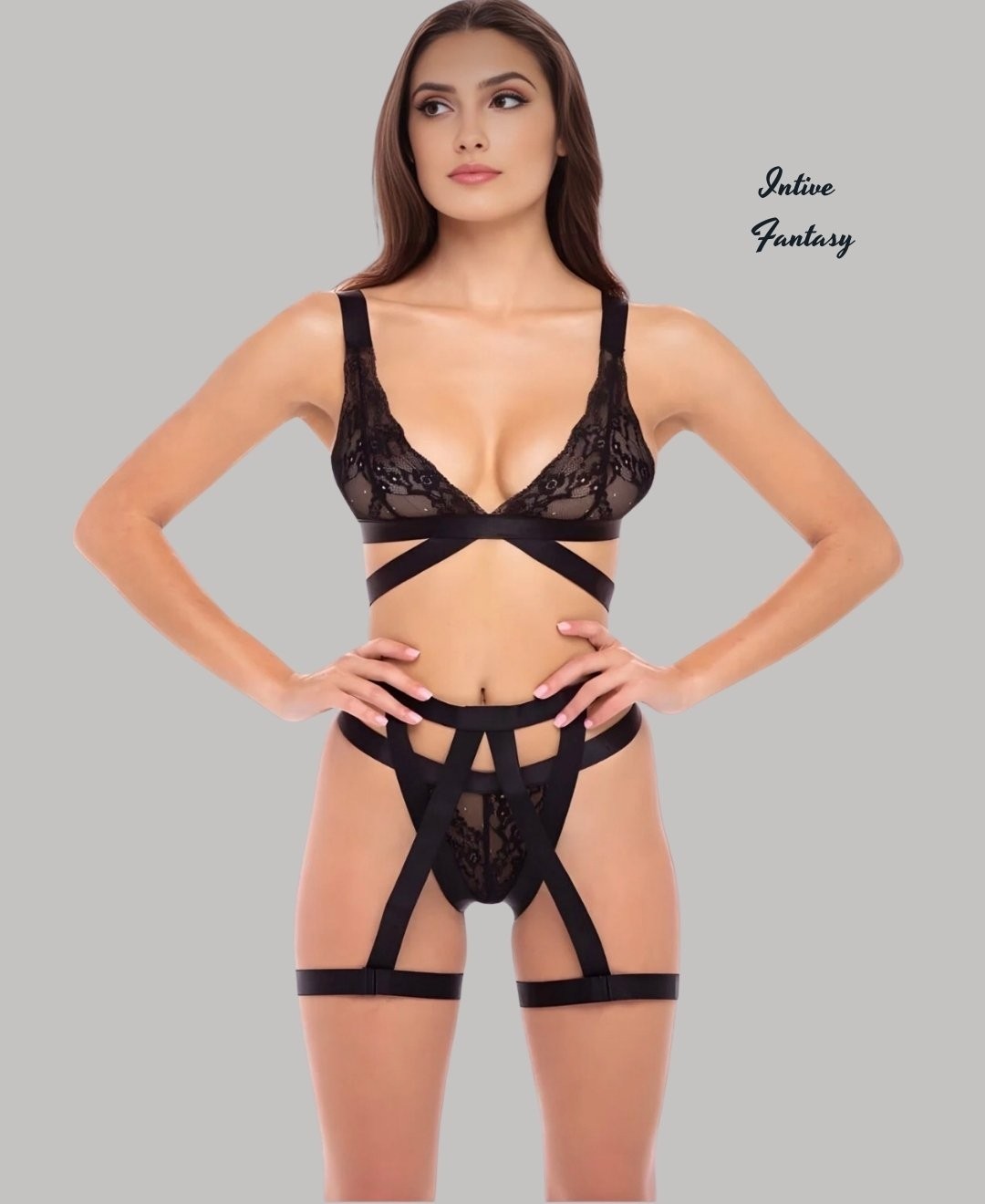 Intive Lingerie Intive Fantasy Siyah Dantelli Şerit Detaylı Tasarım Sade Jartiyer Takım