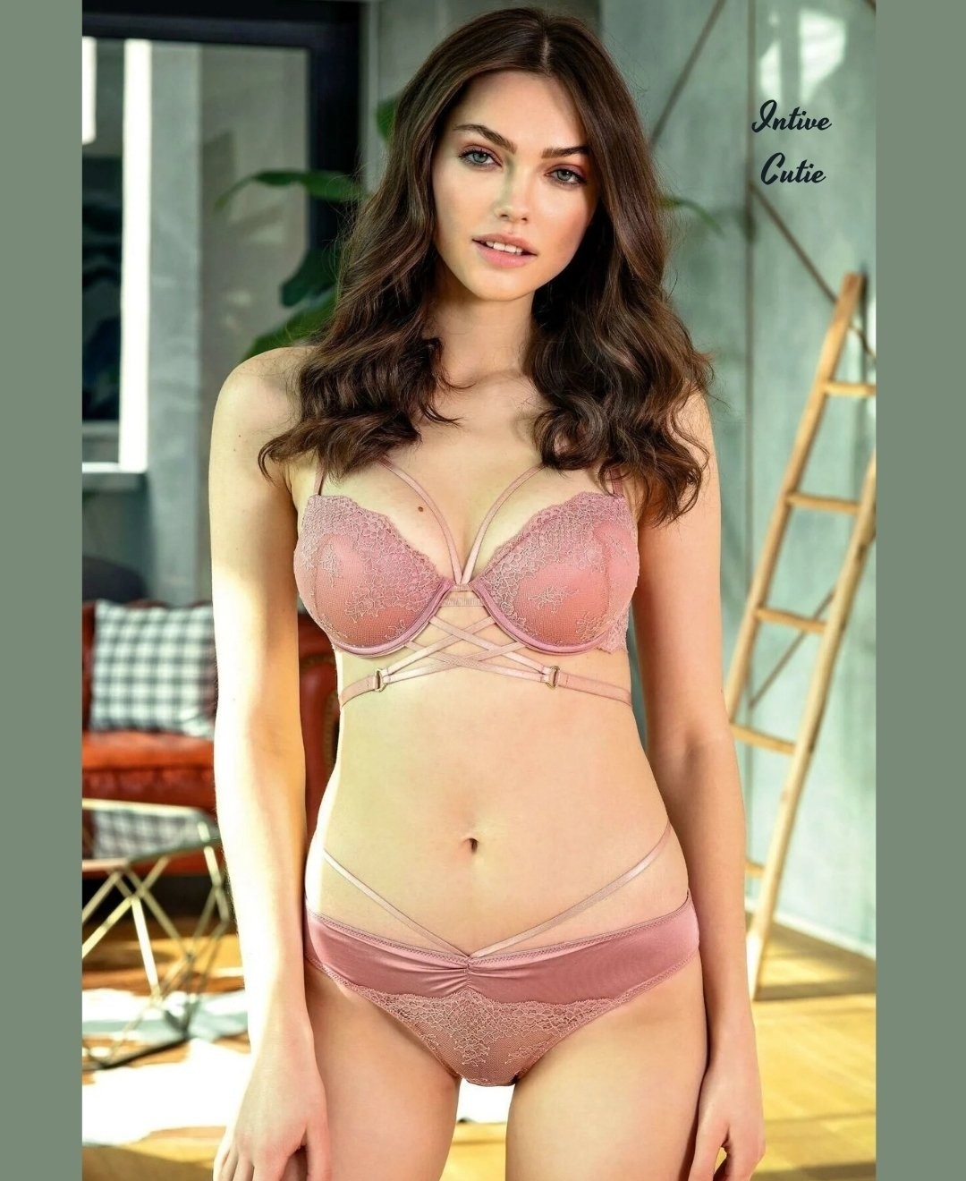 Intive Lingerie Intive Cutie Gül Kurusu Günlük Kullanım Dantelli Dolgulu Balenli Sütyen Slip Takım