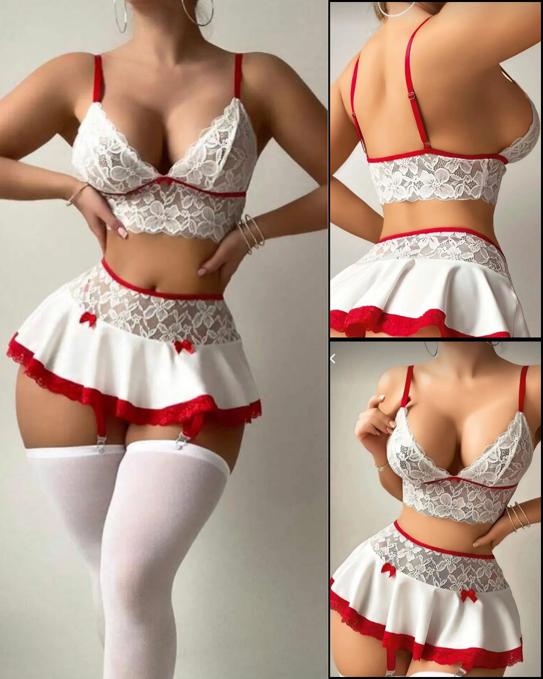 Efil Efil Kadın Beyaz Kırmızı Fantazi Gecelik Fantezi Jartiyer Takımı 5 Parça Çoraplı Tangalı Seksi Çeyizlik Kadın Iç Çamaşırı Takımı görsel 7