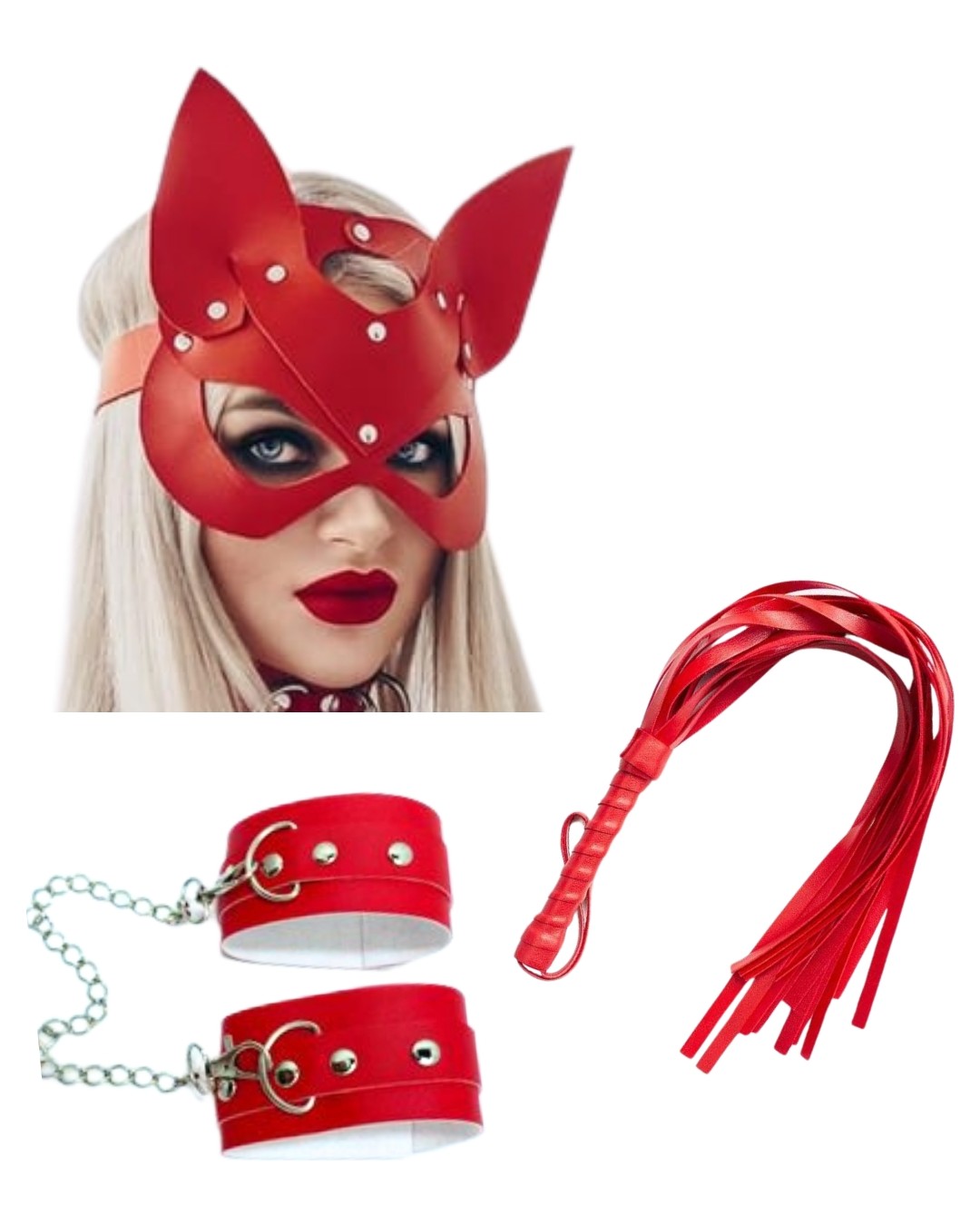 Çamaşır Kenti Fantezi Deri Seksi Kırmızı Kedi Maske Kelepçe Kırbaç Seti ( 3'lü Set) TG275367