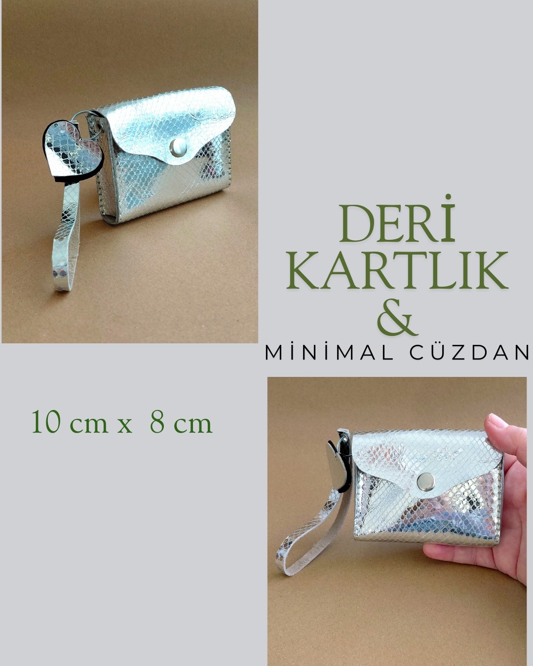 Hakiki Deri Minimal Avuçiçi Simli Gümüş Tasarım Kadın Cüzdan Kartlık Drc-25