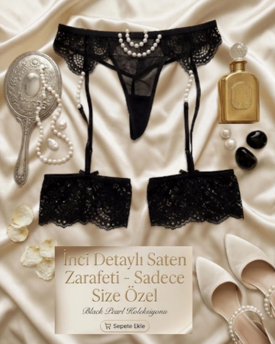 Çamaşır Kenti Fantazi Incili Dantelli Jartiyer Külot Siyah PT5684