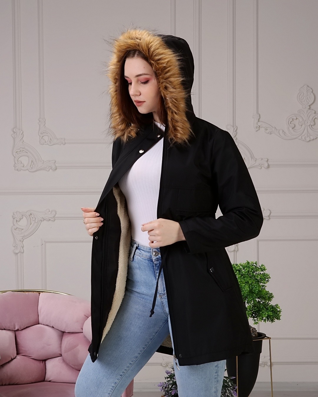 Vibeys Collection Bej Içi Kürklü ve Su Geçirmez Kadın Kışlık Mont & Kaban görsel 7