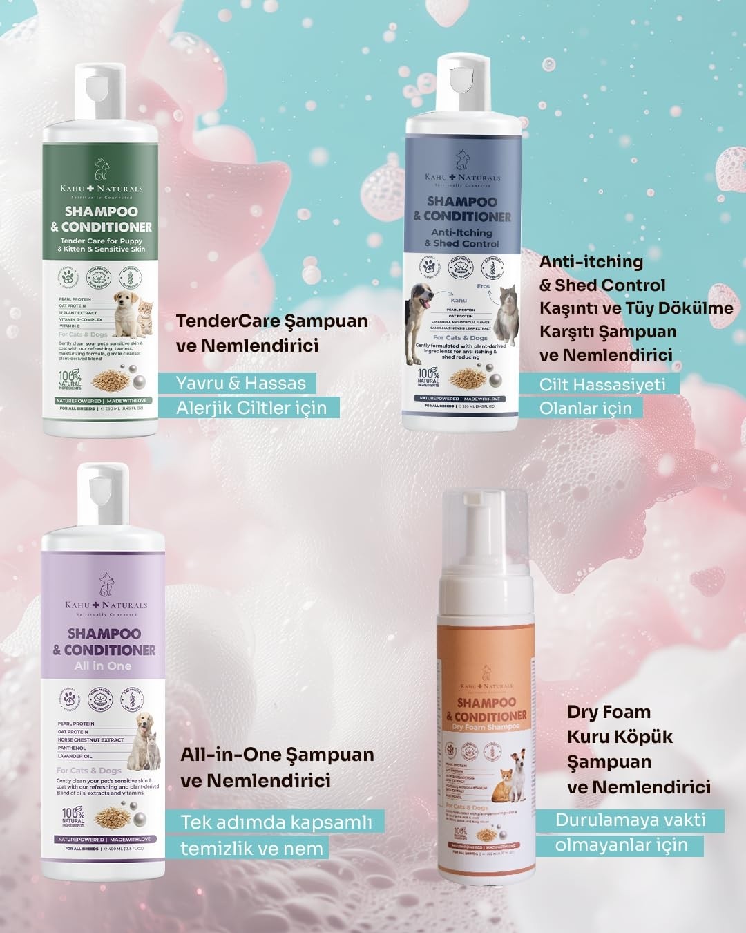 Die Grup Kahu Naturals All In One Şampuan Nemlendirici, Köpek ve Kedi, Inci ve Yulaf Proteini, At Kestanesi, PANTENOL,%100 Doğal, 400 ml görsel 5