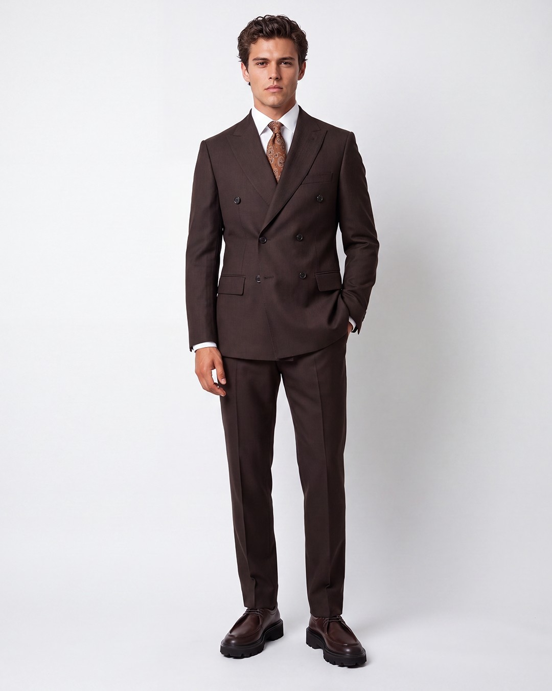 HC MEN CLASSIC Erkek Kahverengi Regular Fit Armürlü Polyamid Kruvaze Takım Elbise
