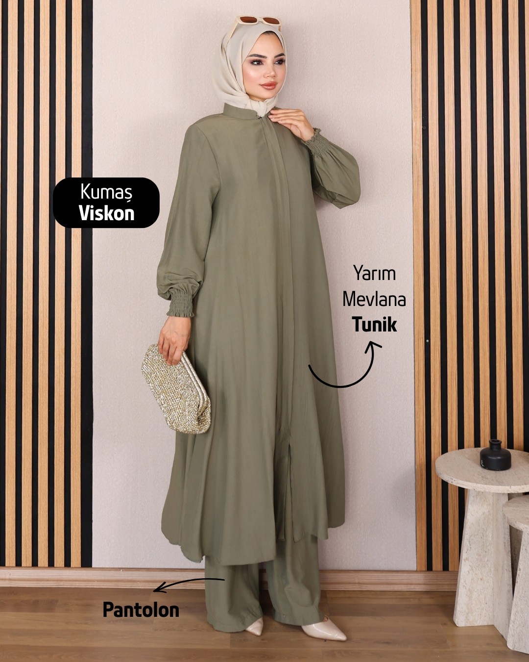 Moda Hayme Viskon Alt Üst Ikili Tesettür Takım Yarım Mevlana Tunik ve Pantolon Bir Arada Kahverengi