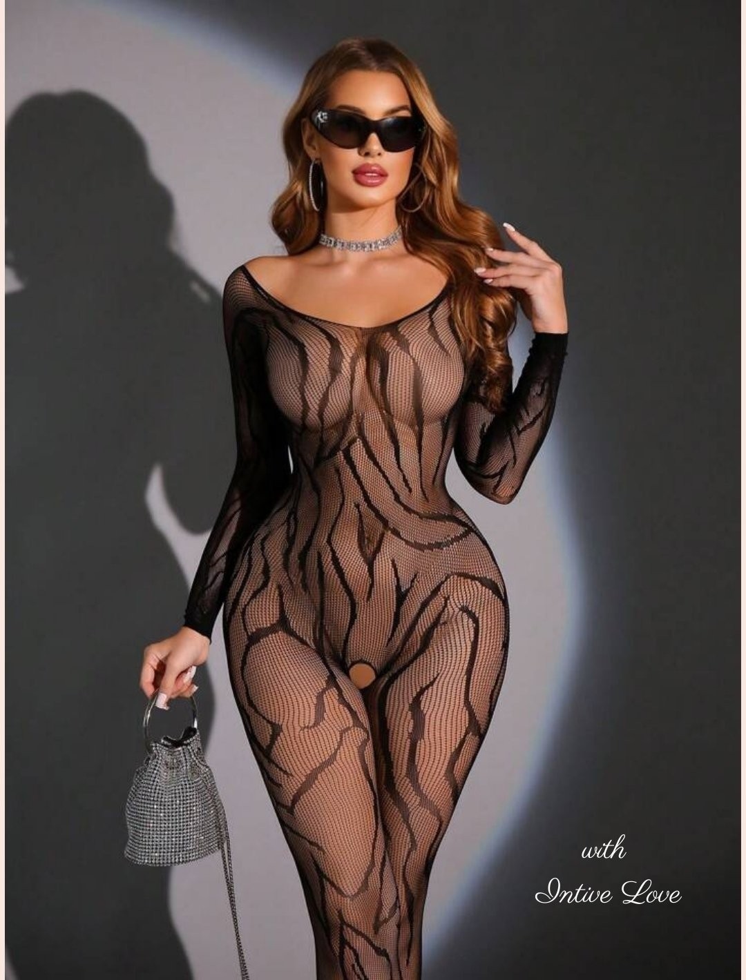 Intive Lingerie Intive Zebra Desen Siyah Fileli Ağı Açık Degaje Yaka Tasarım Vücut Çorabı görsel 2
