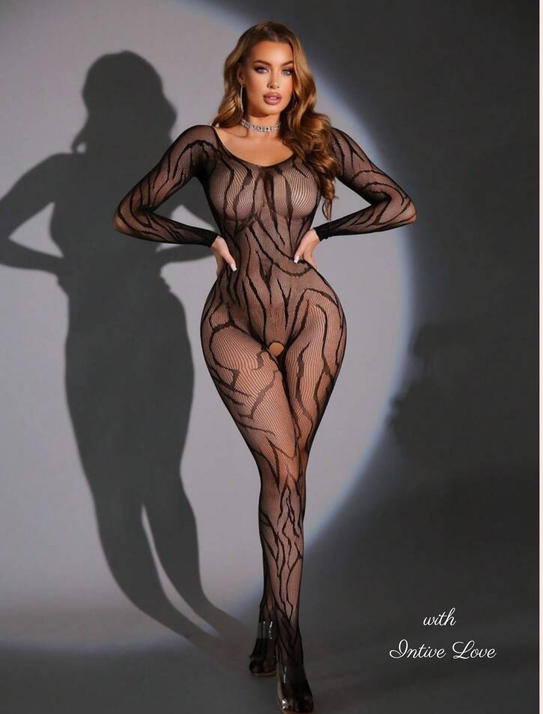 Intive Lingerie Intive Zebra Desen Siyah Fileli Ağı Açık Degaje Yaka Tasarım Vücut Çorabı görsel 3