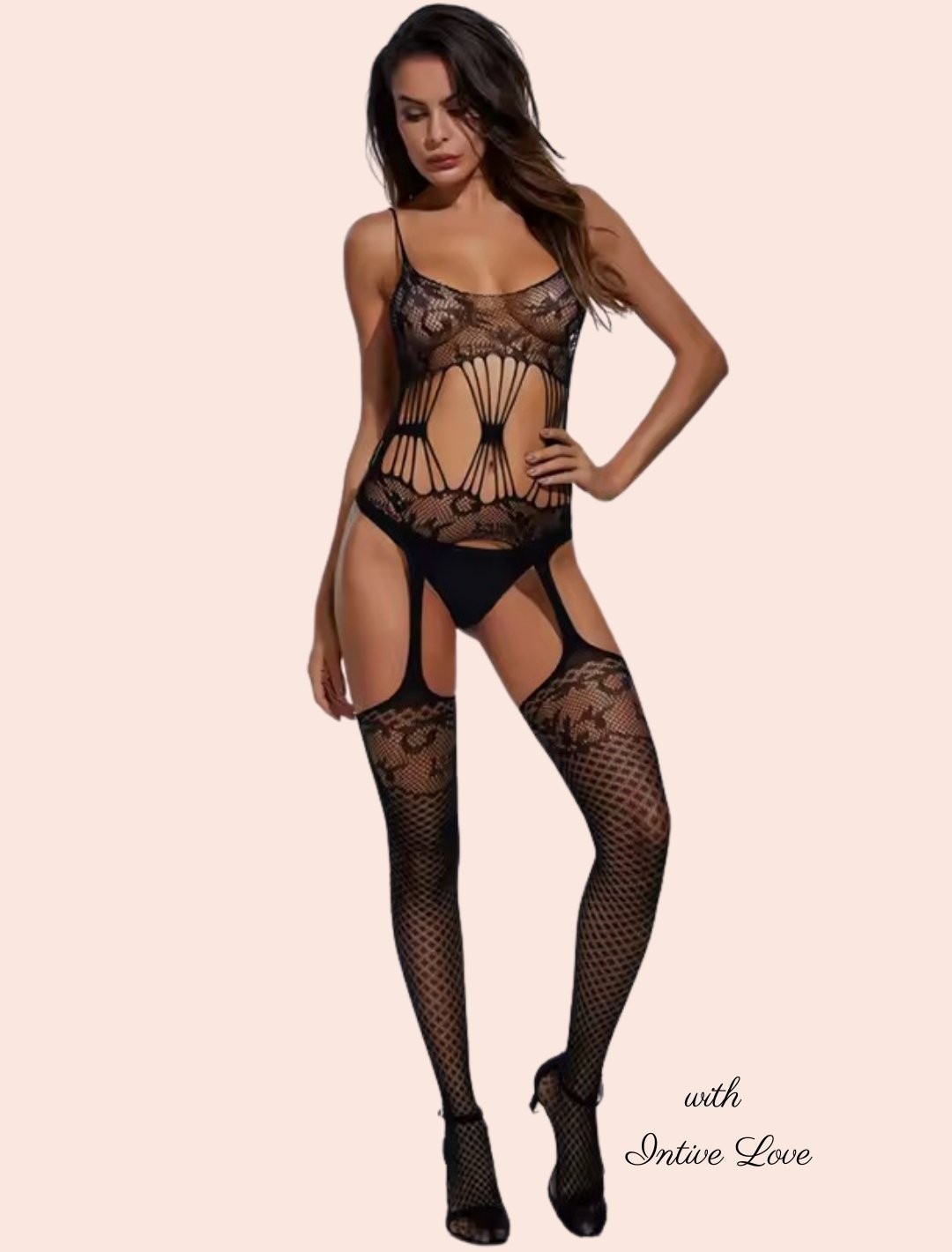 Intive Lingerie Intive Ince Askılı Önü Bağcık Görünümlü Jartiyerli Ağı Açık Tasarım Vücut Çorabı görsel 4