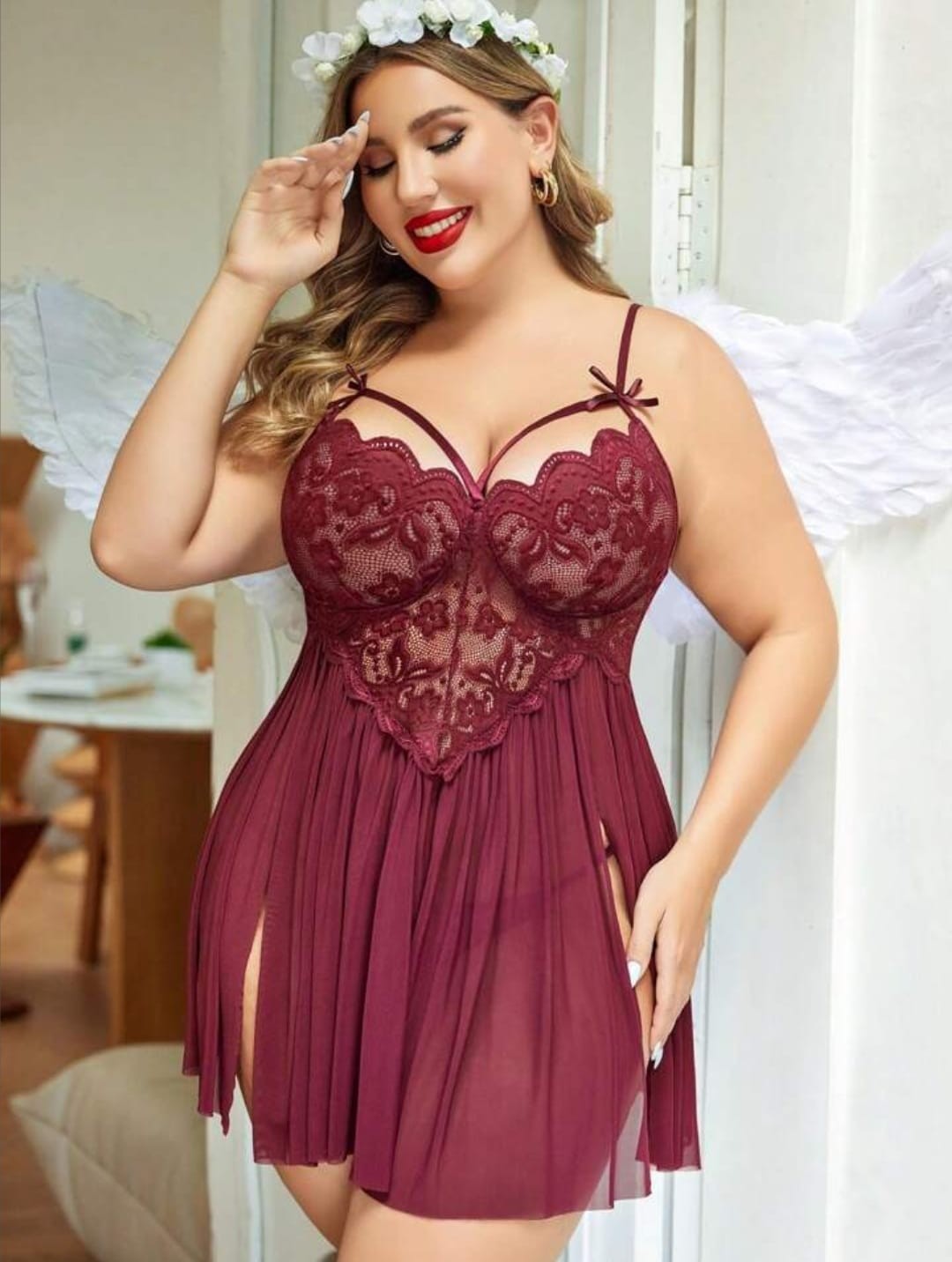 Efil Efil Kadın Büyük Beden Fantezi Gecelik Big Size Beden Bordo Tül Dantel Battal Beden Fantazi Gecelik Takımı Geniş Beden Gecelik