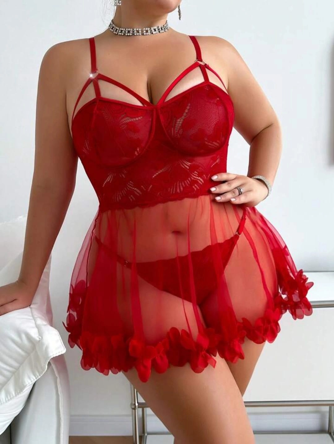 Anvelle Lingerie Büyük Beden Kırmızı Bikini Tanga Hediyeli Gecelik görsel 3