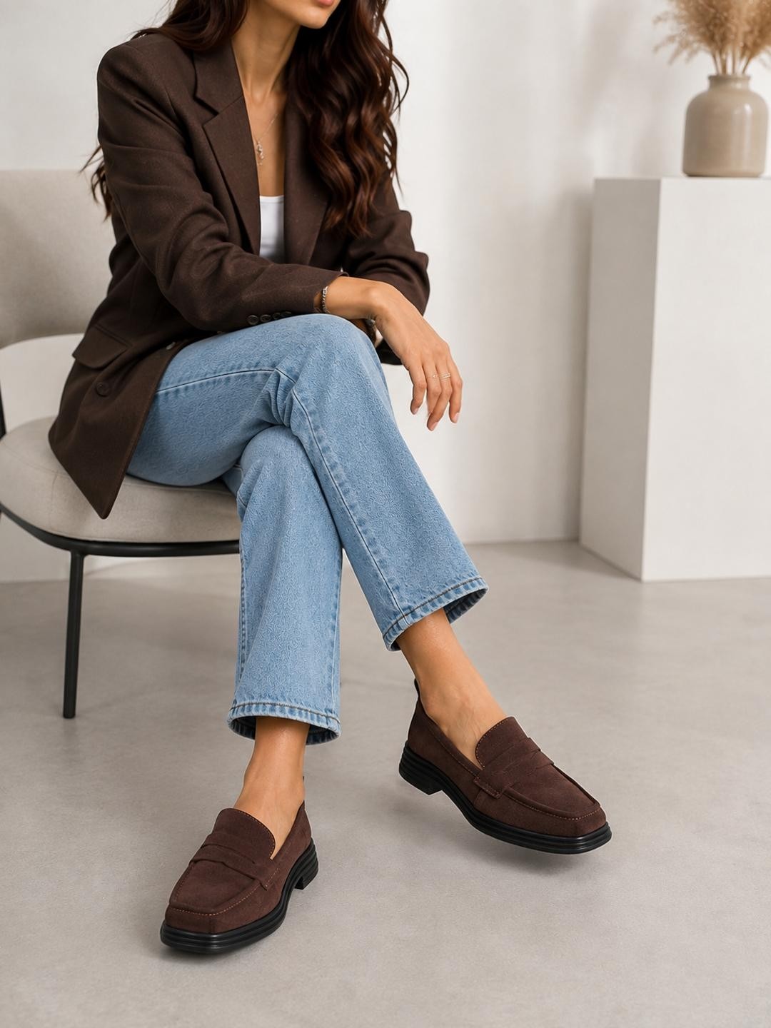 Butik Noble Shoes Hakiki Deri Kahve Süet Kadın Loafer Ayakkabı görsel 3