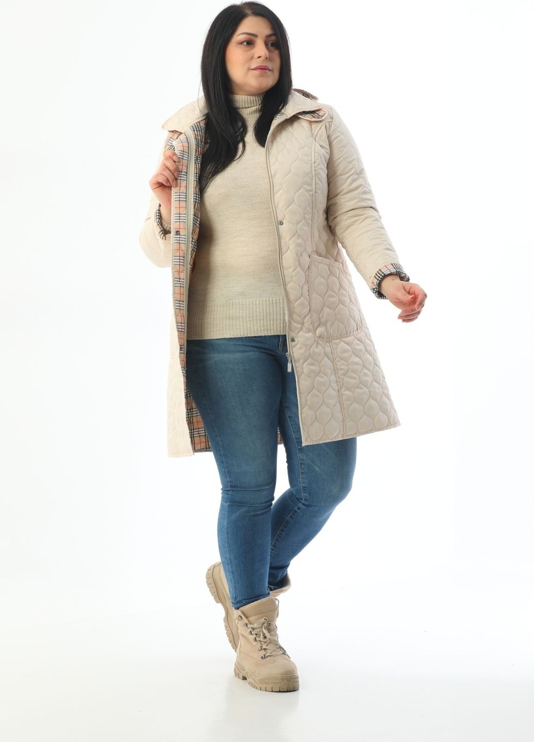 TUTveAL Collection Mevsimlik Kapitone, Su Itici Mont, Ekoseli Mont, Büyük Beden Mont, Lacivert Mont görsel 7