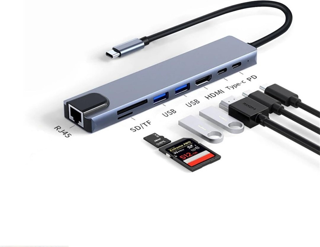 Die Grup Daytona Cf-04 Macbook Uyumlu Type-C™ To 4K HDMI Tv Projeksiyon UHD 1080P 2* Type-C 3* USB Sd/tf RJ45 Ethernet Lan 8ın1 Çevirici Hub Adaptör