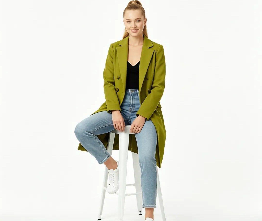 Select Moda Kadın Düğmeli Kruvaze Blazer Ceket Polyester Yeşil Renk Modern Tasarım görsel 7