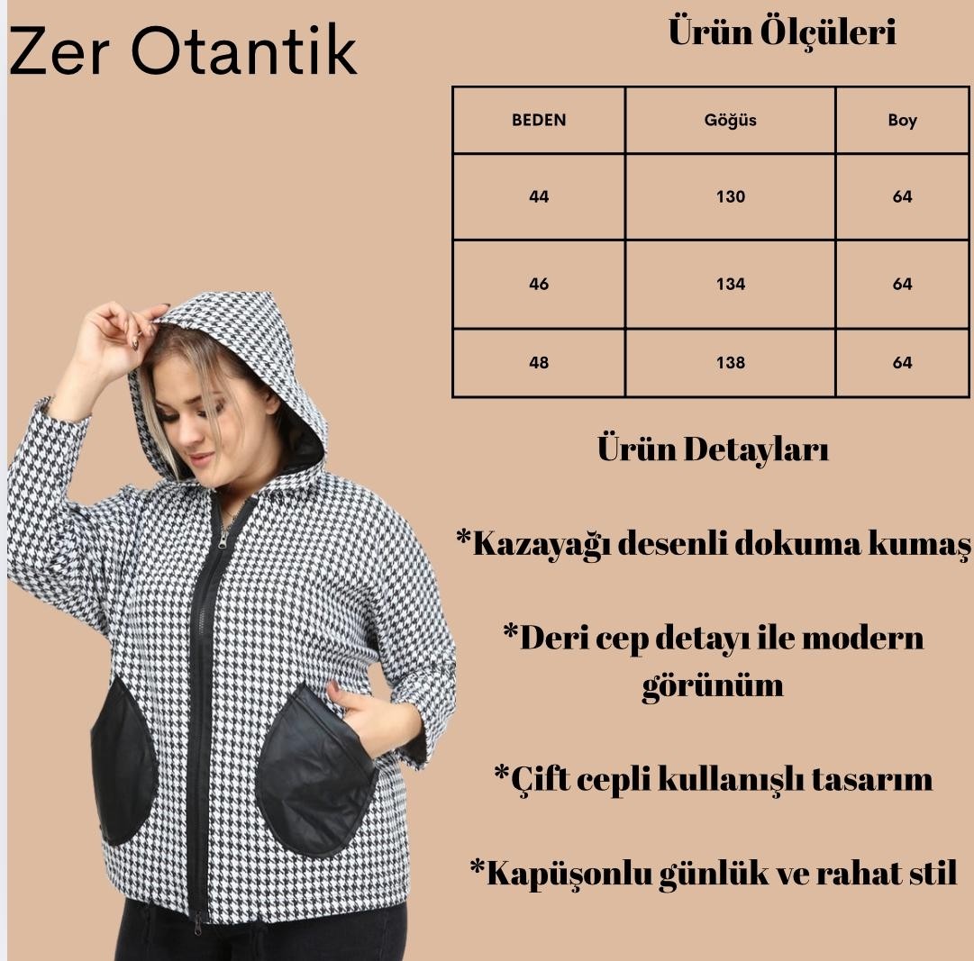 Zer Otantik Deri Garnili Kazayağı Büyük Beden Mont Siyah görsel 2