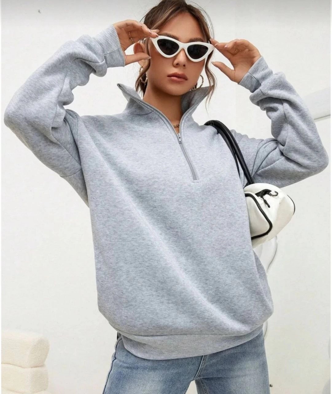 Tarz Yeri Kadın 3 Iplik Pamuklu Uzun Kol Yarım Farmuarlı Yakalı Sweatshirt - Gri görsel 2