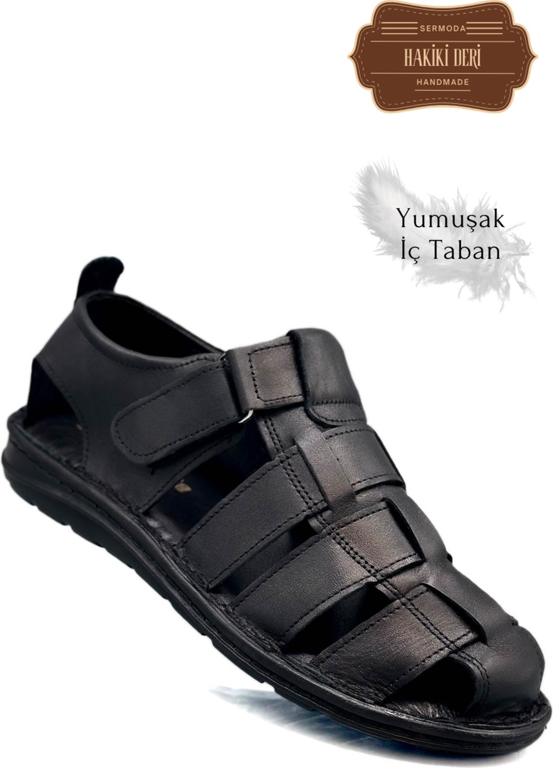 Sermoda Hakiki Deri Burnu Kapalı Erkek Sandalet Siyah