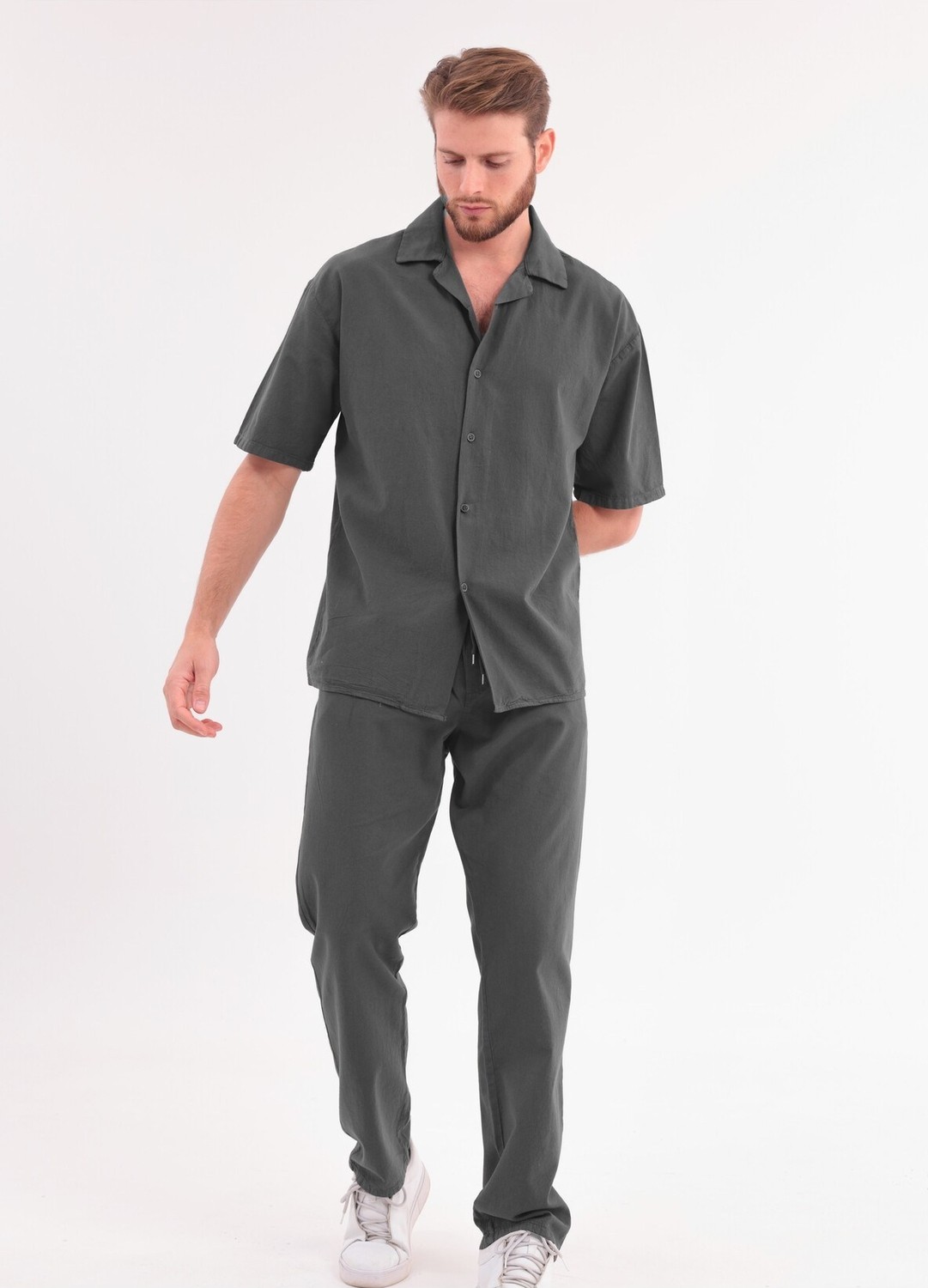 Blayn Jeans Erkek Haki Keten Takım Oversize Gömlek & Pantolon 2'li Set Bağcıklı Rahat Yazlık Kombin görsel 4