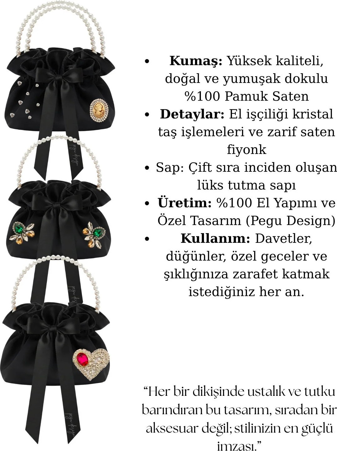Pegu Siyah Pamuk Saten Çanta,kristal Cam Taş Süslemeli Arılı Çift Sıra Inci Saplı Siyah Saten Büzgü Günlük / Abiye görsel 3