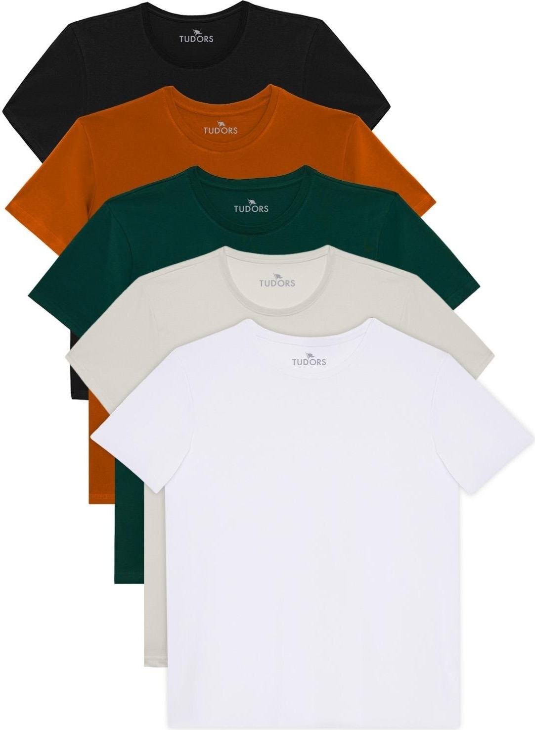 Tudors Unisex 5'li Paket Siyah-Beyaz-Taş-Kırmızı-Mavi Slim Fit Dar Kesim %100 Pamuk Bisiklet Yaka Tişört