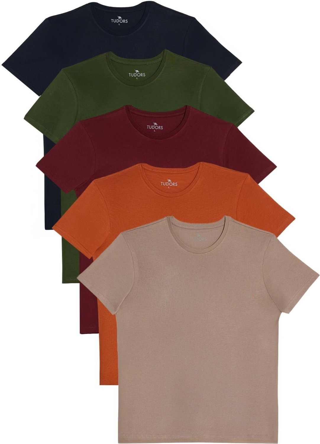 Tudors Unisex 5li Paket Lacivert-Haki-Bordo-Tarçın-Vizon Slim Fit Dar Kesim %100 Pamuk Bisiklet Yaka Tişört