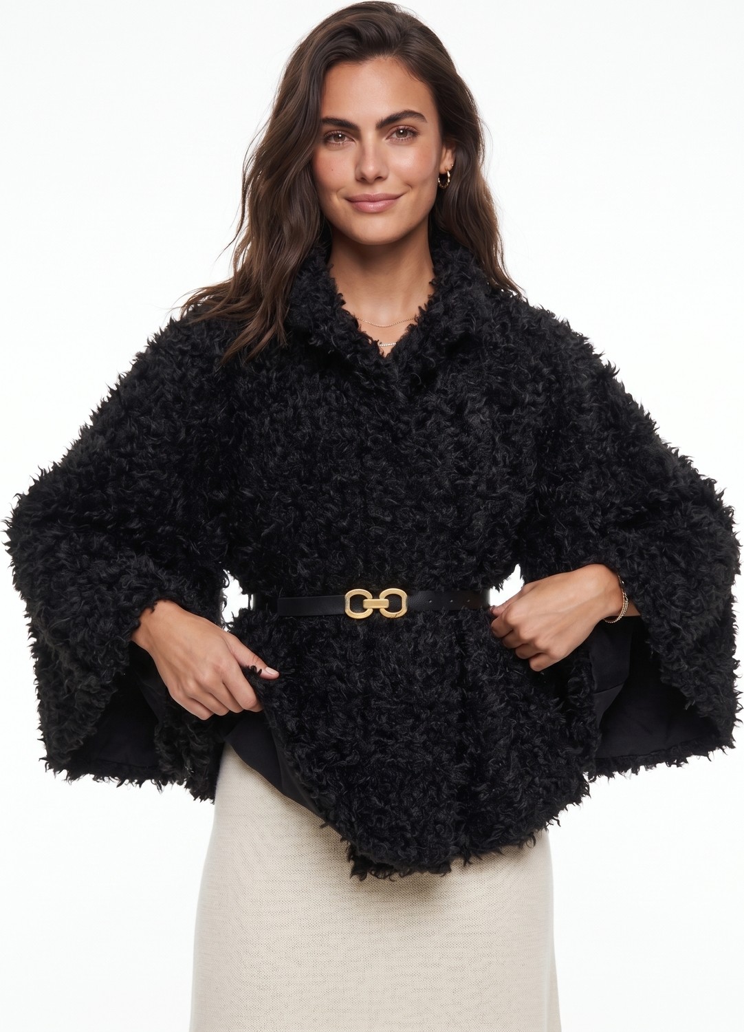 Onloox Siyah Yumuşak Dokulu Polyester Kumaş Belden Kemer Detaylı Peluş Form Panço