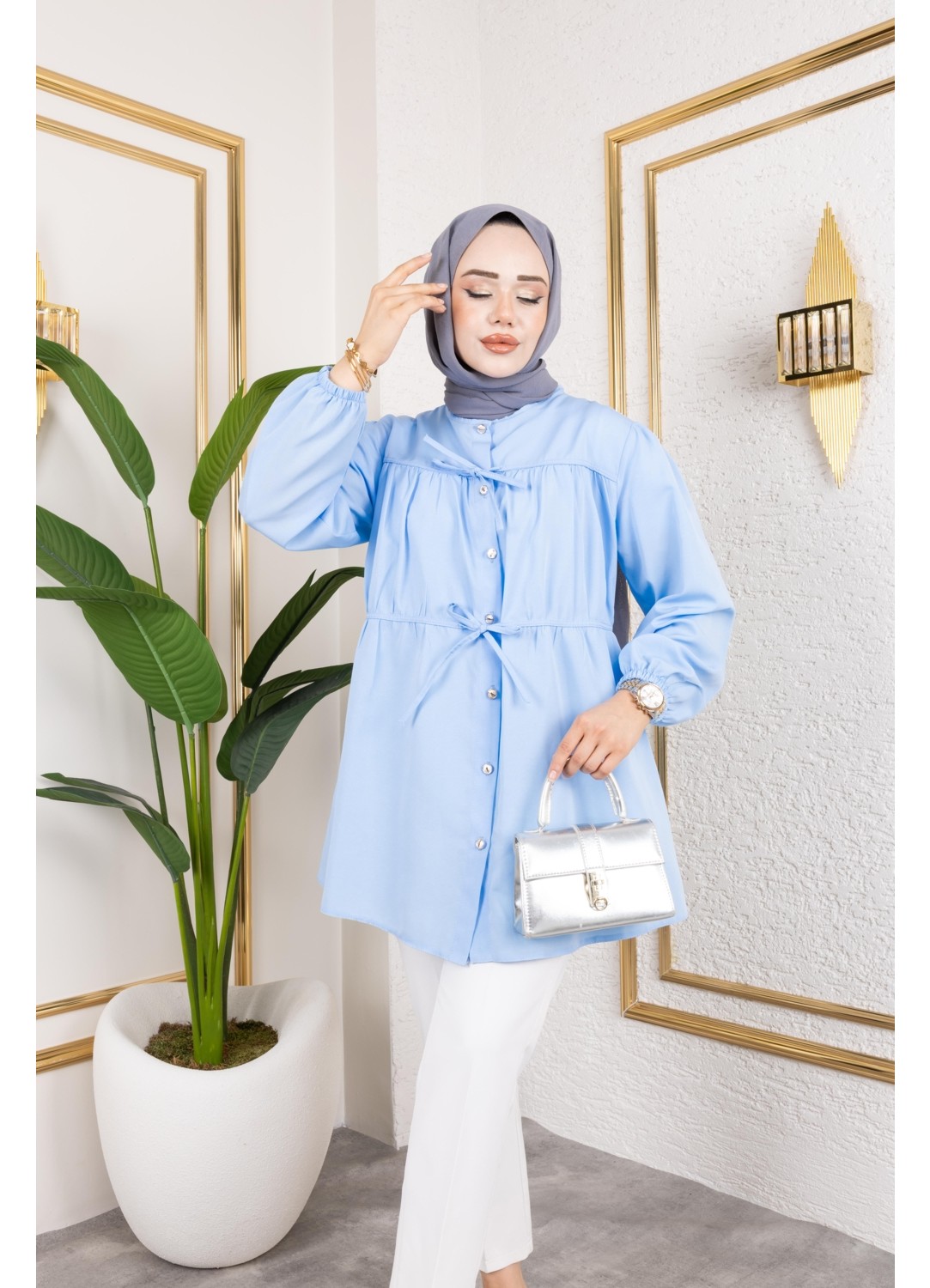 Harma Time Butik Kadın Düğmeli Bağlamalı Kahverengi Gömlek görsel 4