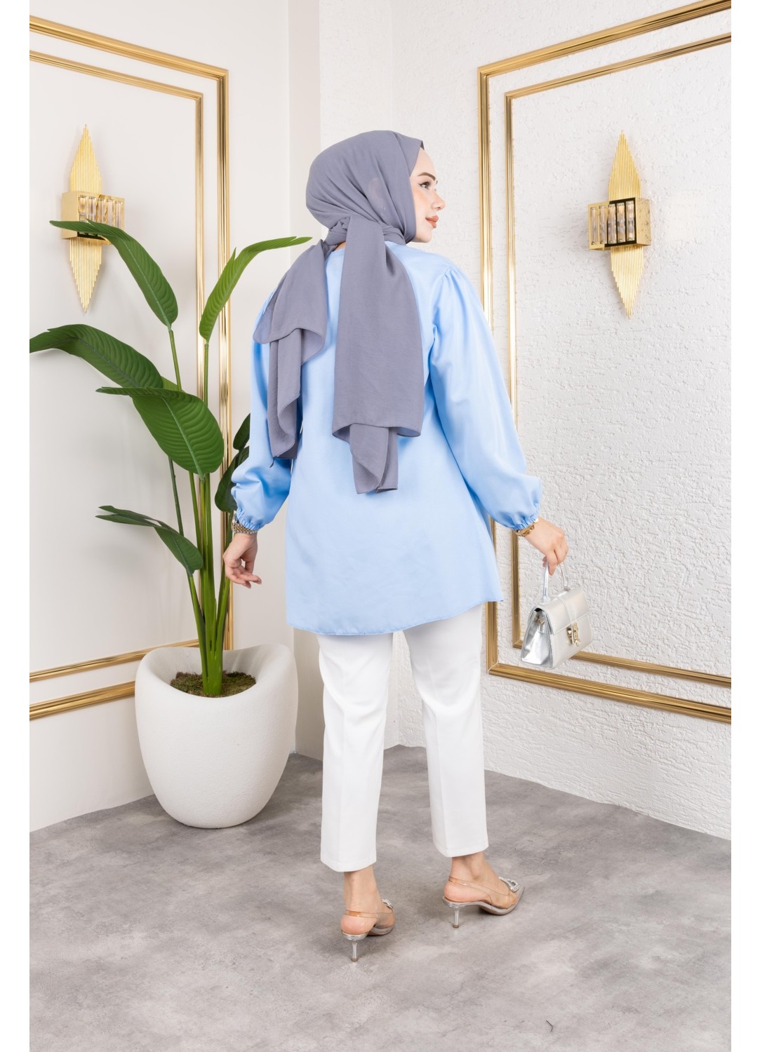 Harma Time Butik Kadın Düğmeli Bağlamalı Kahverengi Gömlek görsel 5